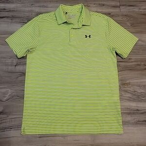 Under Armour HeatGear Polo Shirt Men Medium Neon Green Striped‎ Short Sleeve